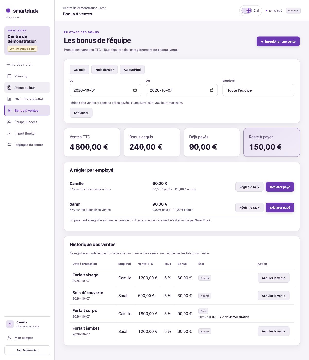 Bonus de démonstration : taux par employé, bonus acquis, déclarés payés et restant à payer